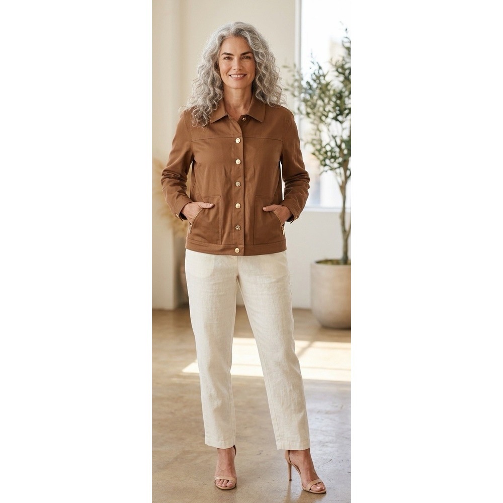 New St John Sport Bomber Jacket Button Front Stretch Cotton Lightweight Brown S
